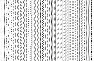 Sewing stitches. Vector. Embroidery and sew seamless pattern. Set of machine thread seam brushes. Overlock zigzag elements. Line border isolated on white background. Simple illustration. - obrazy, fototapety, plakaty