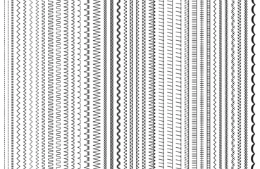 Fotobehang Sewing stitches. Vector. Embroidery and sew seamless pattern. Set of machine thread seam brushes. Overlock zigzag elements. Line border isolated on white background. Simple illustration. © Iryna