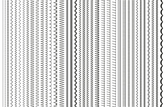 Sewing stitches. Vector. Embroidery and sew seamless pattern. Set of machine thread seam brushes. Overlock zigzag elements. Line border isolated on white background. Simple illustration.