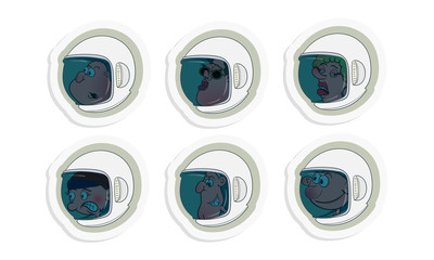 Set of cartoon helmets with astronauts. Vector illustration in the form of stickers.