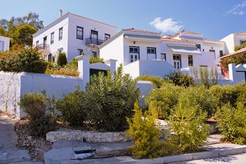 Greece, Spetses island, Saronic gulf, traditional houses in the old harbour.