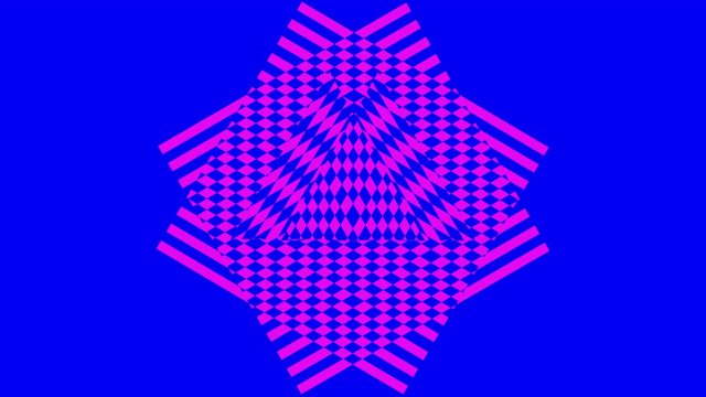 Two colored and overlapping graphic objects, which rotate in the two opposite directions to the center, varying in size, on a background with a hypnotic, psychedelic and stroboscopic effect.