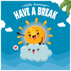 Vintage summer poster design with vector sun & clouds characters.