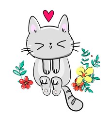 Cute cat on a white background with flowers with a heart. Sketch kitten print for children's textiles, t-shirts, nursery.