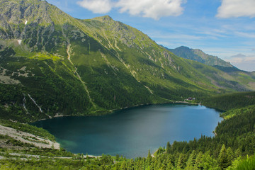 Naklejka na ściany i meble The lake Morskie Oko aerial view. High Tatras. The Tatra National Park in the Rybi Potok (the Fish Brook) Valley, Zakopane, Poland.