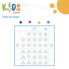 Color-by-shape. Mathematical pixel puzzle. Easy colorful worksheet with shapes, for children in preschool, elementary and middle school.