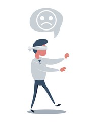 Young blindfolded businessman trying to find the right direction. Business concept. Stock flat vector illustration.
