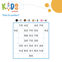 Color by numbers. Mathematical pixel puzzle. Easy colorful worksheet with addition and subtraction, for children in preschool, elementary and middle school.
