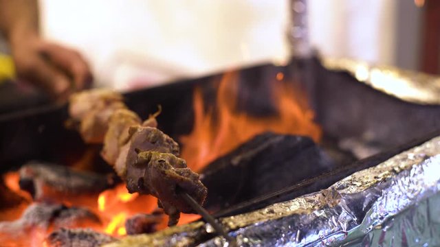 Paneer fish chicken tikka roasting on an open hearth with glowing coals and smoke coming out