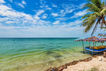 Beautiful early morning sunrise over Coconut tree with the sea the horizon at Hat chao lao beach in Chanthaburi Thailand.