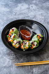 Take Away Healthy Asian Vietnamese Spring Roll / Goicuon with Rice Paper Rolls and Red Hot Chili Sauce in Plastic Container Plate Package or Box.