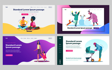 Children enjoying leisure and activities set. Video games, making snowman, walk with parents. Flat vector illustrations. Childhood, lifestyle concept for banner, website design or landing web page