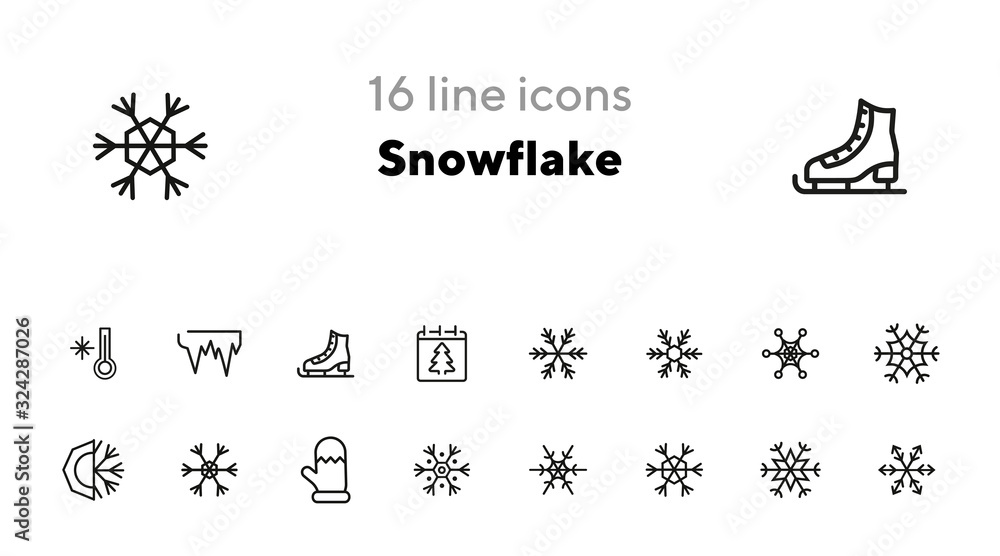 Poster snowflake line icon set. set of line icons on white background. snowflake, frosted pattern, mitten. 