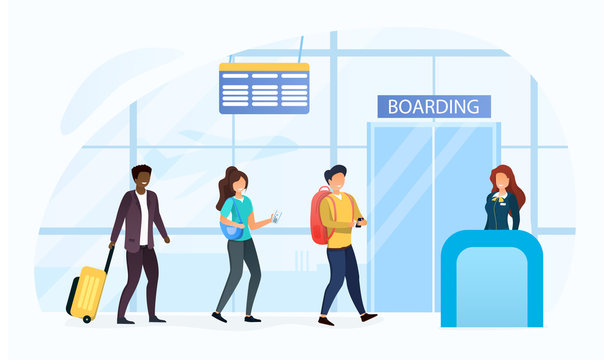 Baggage drop-off point at an airport terminal with a queue of multiracial passengers checking in their luggage before the flight in a travel and transport concept, vector illustration