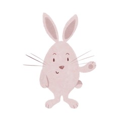 Cute pink rabbit in the shape of an egg waving its hand. Easter bunny with long whiskers, ears and tail. Digital illustration