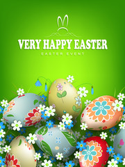 Easter blue composition with eggs with a beautiful varied pattern and colors in white and blue