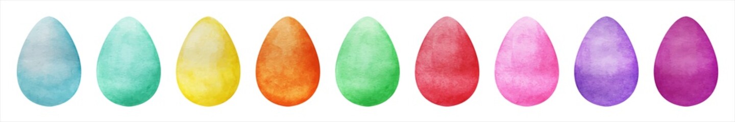collection of watercolor painted colored eggs isolated on white background for Happy Easter design