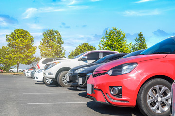 Car parking in asphalt parking lot with trees, white cloud and blue sky background