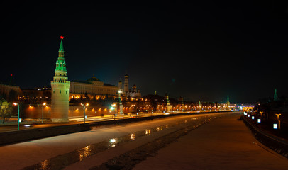 View of the Kremlin in Moscow from the embankment at night