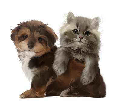 A puppy and a grey kitten. Watercolor drawing