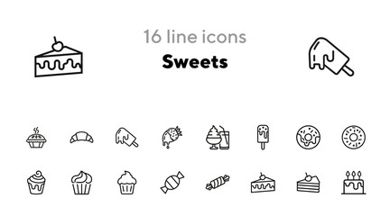 Sweets line icon set. Set of line icons on white background. Confectionery concept. Ice-cream, pie, cake, caramel. Vector illustration can be used for topics like confectionery, sweet, cafe © SurfupVector