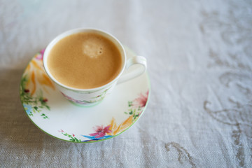 coffee with milk beautiful Cup top view free space