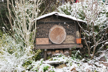 Insect hotel in winter time. snowing.