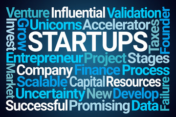Startups Word Cloud on Blue Background