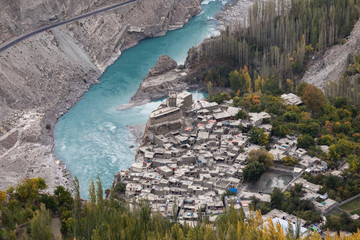 Altit fort panorama hunza river gilgit baltistan , Pakistan Northern areas aerial view of the city