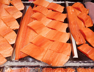 Closeup, Raw sliced salmon steak for sale