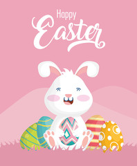 happy easter celebration card with rabbit and eggs painted