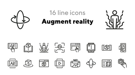 Augment reality line icon set. Holographic human, face id, book reader. Modern technology concept. Can be used for topics like 3d technology, simulation, virtual reality