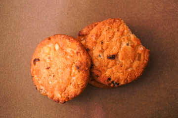 Freshly baked cookies with raisins and cashew nuts