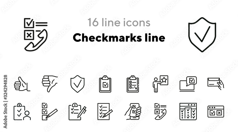 Poster checkmarks line icons. set of line icons. checkboxes and telephone receiver, checklist, clipboard. a