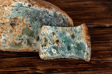 Pieces of stale moldy bread on dark wooden background_