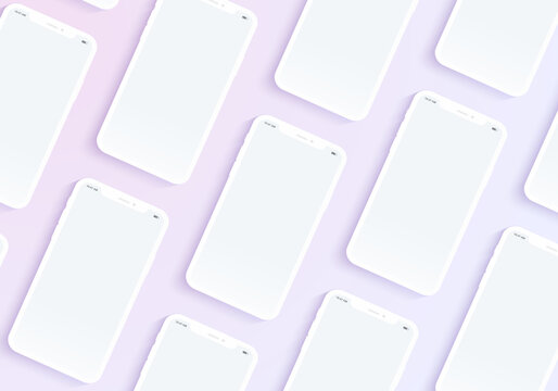 New version of mobile phone with soft white color. Smart phone with blank white screen isolated on white background. Realistic vector mockup phone for visual ui app demonstration. - Vector