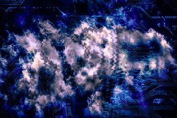 Quantum computing and cloud comluting concept. Abstract glowing electronic circuit with clouds. 3D rendered illustration.