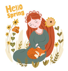 Spring vector illustration with flowers, girl and fox. Beautiful template for cards and other uses.