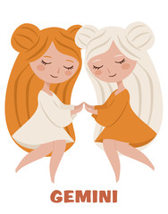 Cute girls isolated on white background. Gemini zodiac sign concept for horoscope. Beautiful vector illustration.
