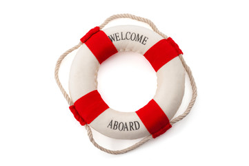 Support to survive, life rescue equipment and survival gear concept with lifebuoy isolated on white...
