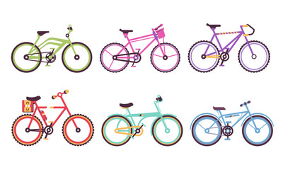 Colorful Bicycles Collection, Sportive and City Bikes with Different Frames, Ecology Transport Vector Illustration on White Background