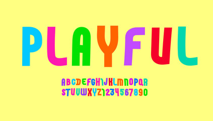 Playful colored font, modern bright alphabet, trendy bold letters and numbers, vector illustration