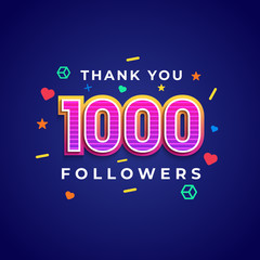 Thank you 1000 followers design.Thank you followers congratulation card. Vector illustration for Social Networks. Web user or blogger celebrates a large number of subscribers. - Vector