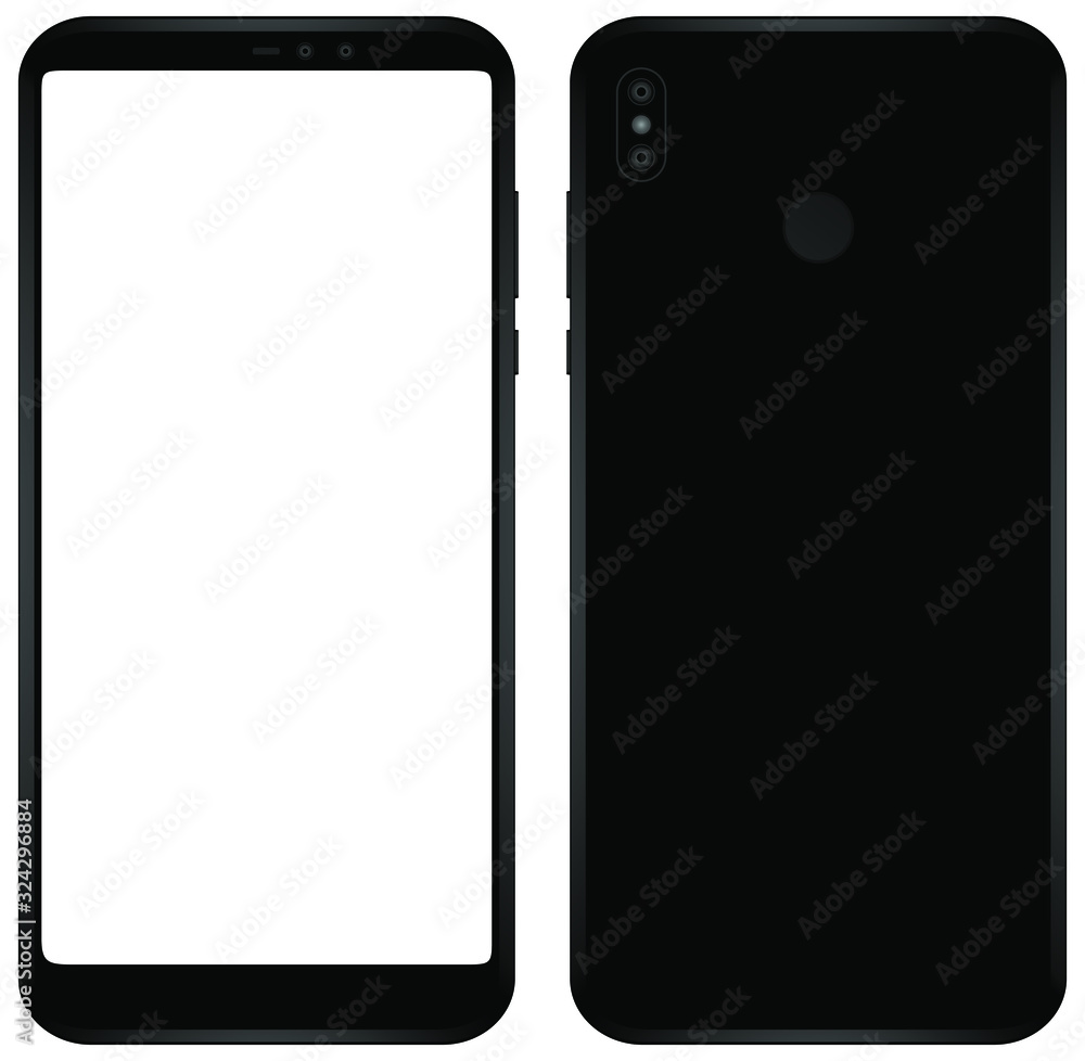Aufkleber Smartphone black color with blank screen isolated on white background vector mockup. Front and back view of modern multimedia mobile phone easy to edit and put your image or text