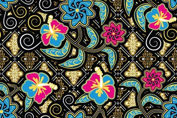 Seamless pattern with floral vector Illustration, Tropical batik motif