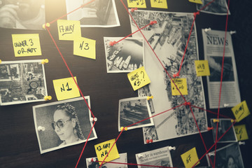 Detective board with crime scenes, photos of suspects and victims, evidence with red threads,...