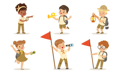 Collection of Kids Scouts Camping, Cute Boys and Girls with Hiking Equipment Vector Illustration on White Background