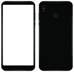 Smartphone black color with blank screen isolated on white background vector mockup. Front and back view of modern multimedia mobile phone easy to edit and put your image or text