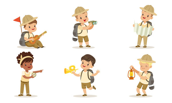 Collection Of Kids Scouts Camping, Cute Boys And Girls In Uniform With Hiking Equipment Vector Illustration On White Background