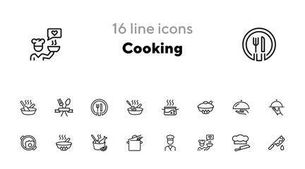 Cooking line icon set. Saucepan, dish, cook. Food concept. Can be used for topics like restaurant, menu, gourmet - obrazy, fototapety, plakaty